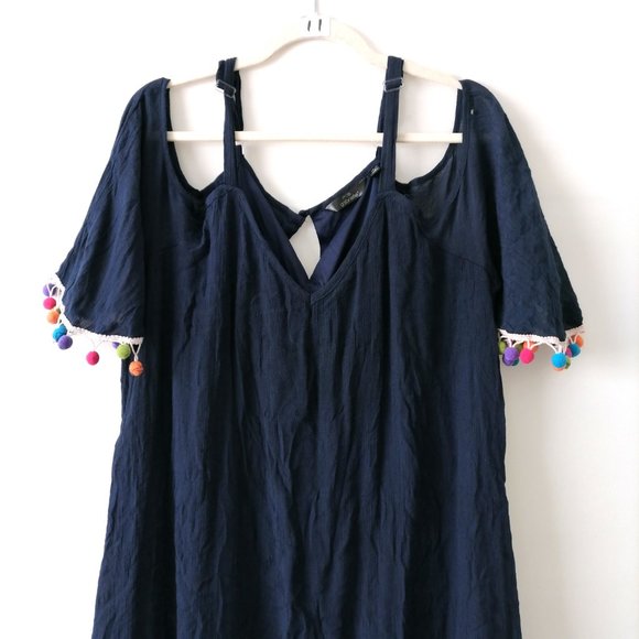 Mlle Gabrielle Womens Blue Cold Shoulder Peasant Pom-Pom Boho Dress Size 1X - Picture 2 of 7